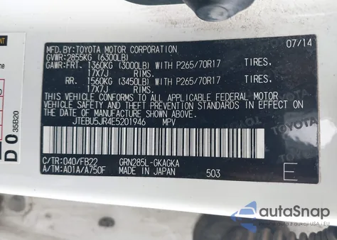 2014 Toyota 4Runner Sr5 from USA, damaged, VIN JTEBU5JR4E5201946